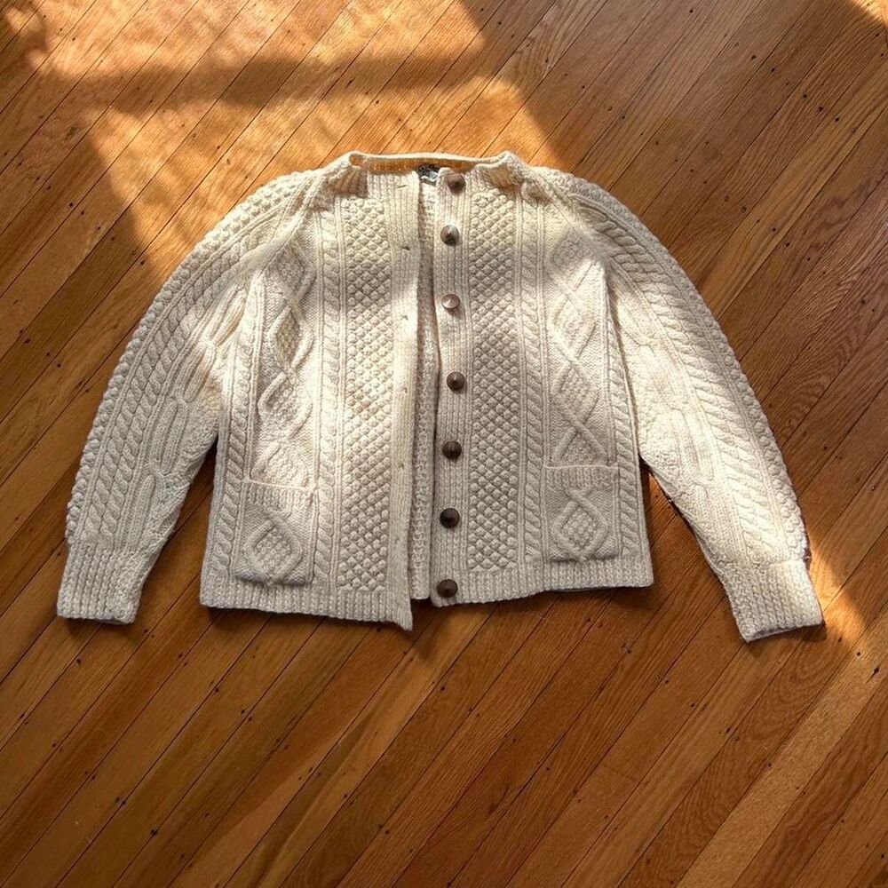 Vintage Irish Hand Knit Wool Fisherman Cardigan Sweater Small Medium Womens